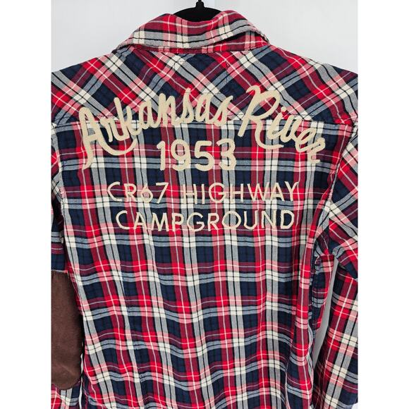 POP USA Flannel Shirt S Embroidered Patches Arkansas River Aspen CO Campground - Picture 5 of 6